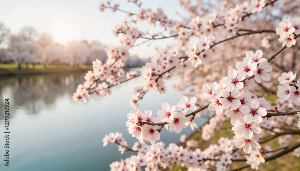 Delicate cherry blossoms reflecting on tranquil riverbank, spring beauty Delicate cherry blossoms reflecting on tranquil riverbank, spring beauty