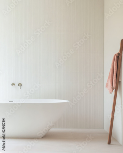 Modern minimalist bathroom design featuring a freestanding tub and soft tones