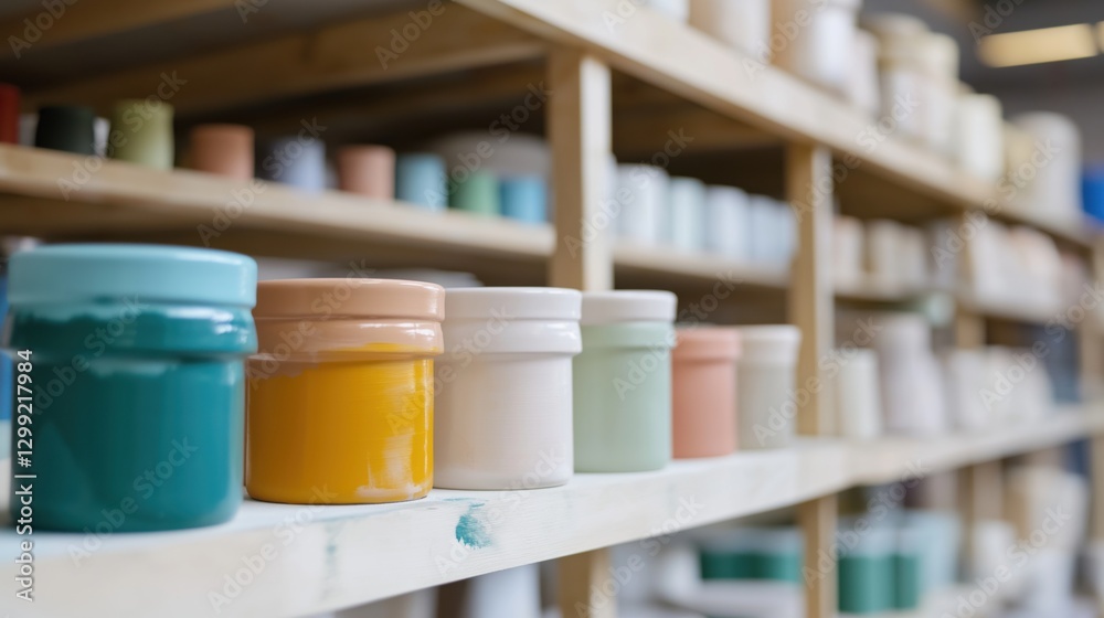 Vibrant ceramic jars on wooden shelves in artisan pottery studio Vibrant ceramic jars on wooden shelves in artisan pottery studio