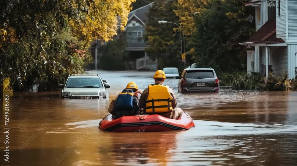 Flood inundates city. Rescuers in boats float along flooded streets helping people get out of flooded areas