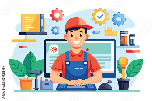 A friendly repairman assists customers by fixing technology in a vibrant online service environment, online service concept of serviceman repairman technician