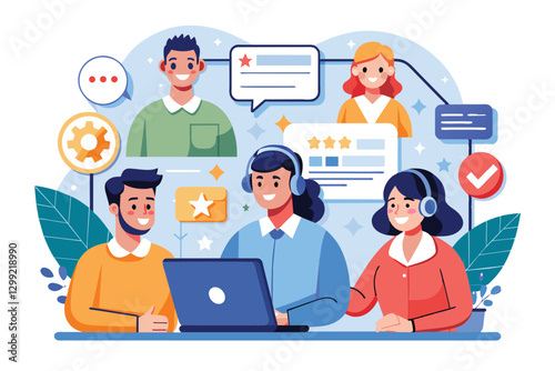 A team engages in online service management, communicating with clients and using technology effectively, online service management and clients providing positive feedback customer support