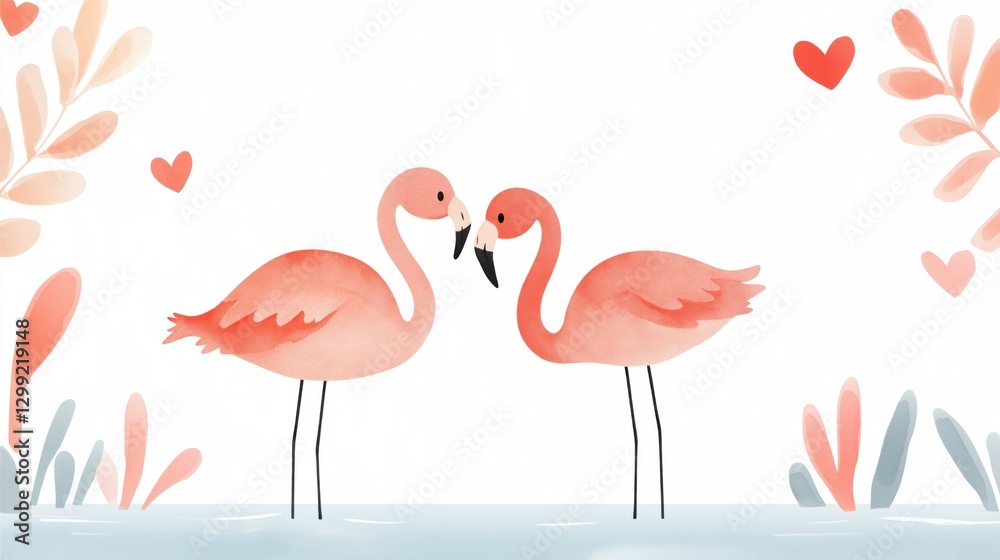Obraz premium Illustrated flamingo couple in love with hearts and pastel foliage in watercolor style