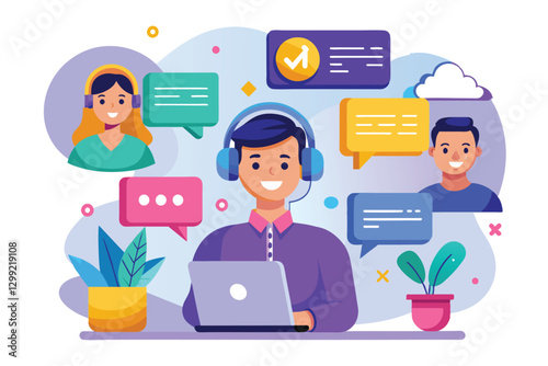 A customer support agent engages with clients using multiple chat bubbles and a laptop while smiling, online service management or customer support via chat