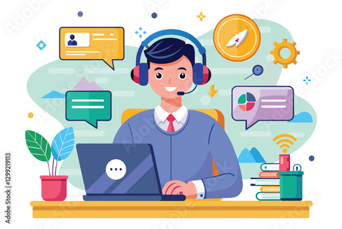 A cheerful customer service agent helps users with inquiries while working remotely at a desk, online service officer