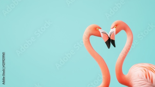 Two flamingos forming heart shape against pastel blue background in minimalistic style