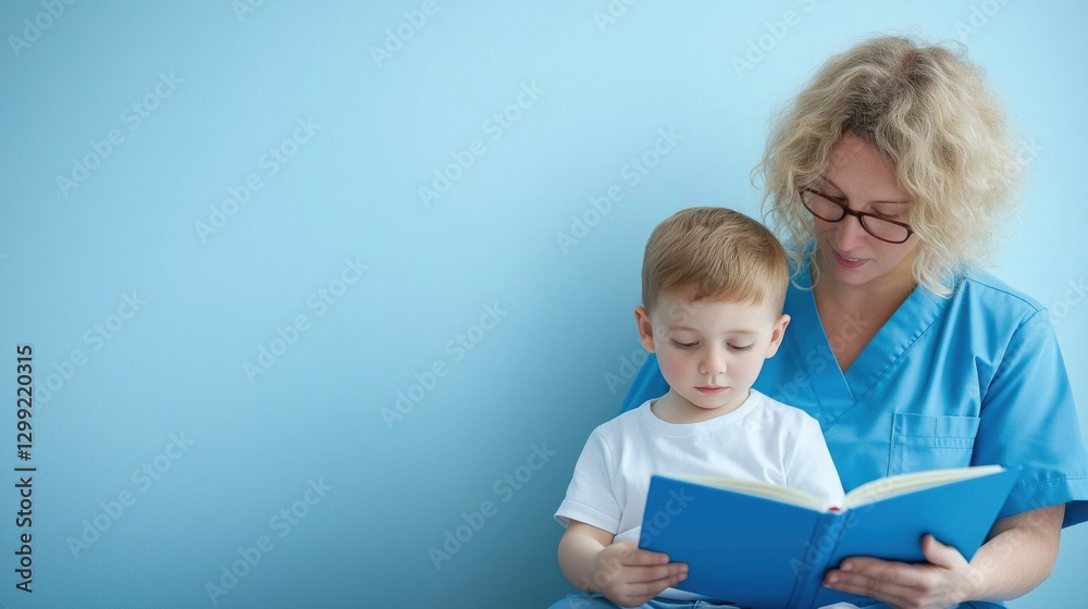 Nurse reading book to young boy in healthcare setting on blue background Nurse reading book to young boy in healthcare setting on blue background