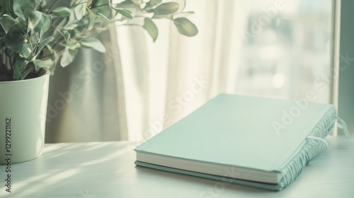 A serene and calming image of a blank notebook with a soft mint green cover, resting on a light grey desk.