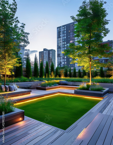 Wallpaper Mural urban neighbourhood landscaping, Modern Urban House at night, wide shots of home gardens, lawns, yards, decks and spaces for outdoor entertaining, garden design, modern architecture concept Torontodigital.ca