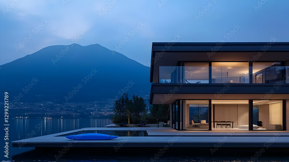 Fototapeta premium Modern Lakeside House Exterior With Illuminated Interior And Mountain View At Dusk