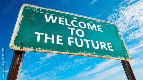 Road Sign with 'Welcome to the Future' Text Against a Blue Sky, Generated AI