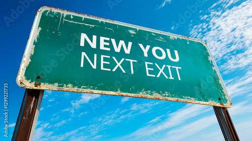 Road Sign with 'New You - Next Exit' Message Against a Blue Sky, Generated AI