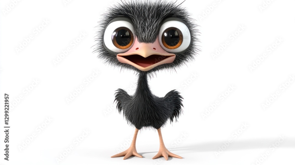 Fototapeta premium Cute cartoon ostrich chick smiles, white background