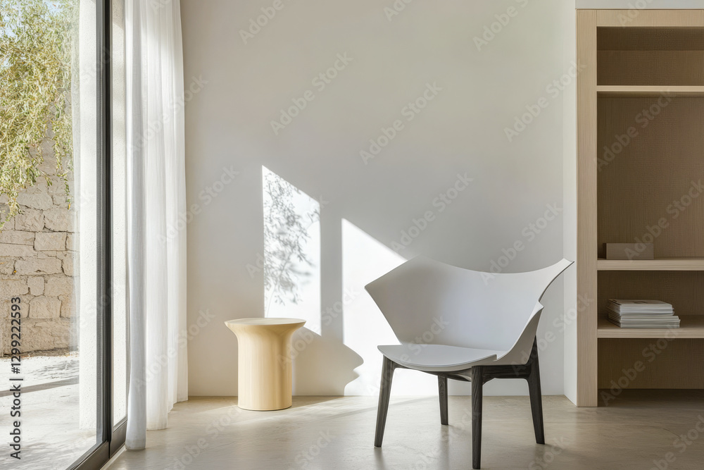 Fototapeta premium Minimalist indoor space with modern chair and natural light on a serene afternoon