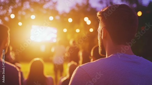 Friends watching a sports game on a projector outdoors with drinks and excitement,