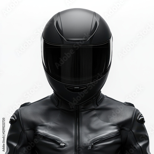Biker wearing full black helmet and leather jacket