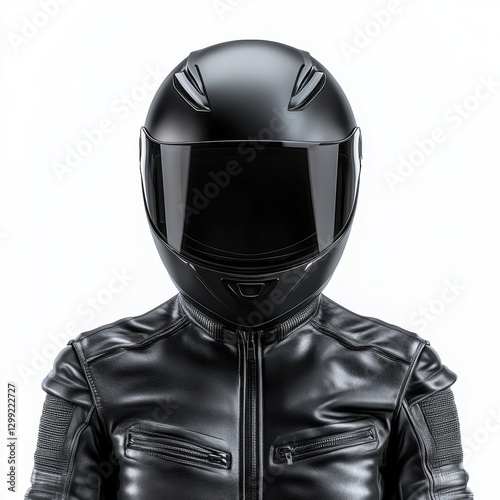 Biker wearing full black helmet and leather jacket