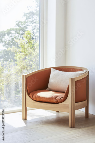 Cozy orange lounge chair placed near a sunny window with a soft cushion