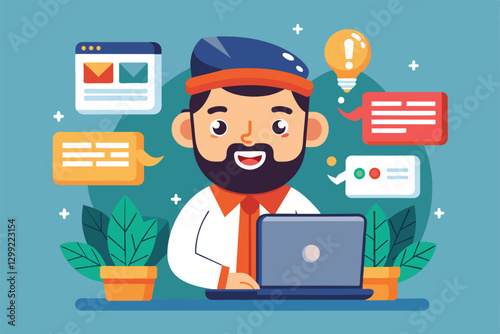 A bearded cartoon character on a laptop, with speech bubbles and potted plants, shows translation, Online translator Customizable Cartoon Illustration