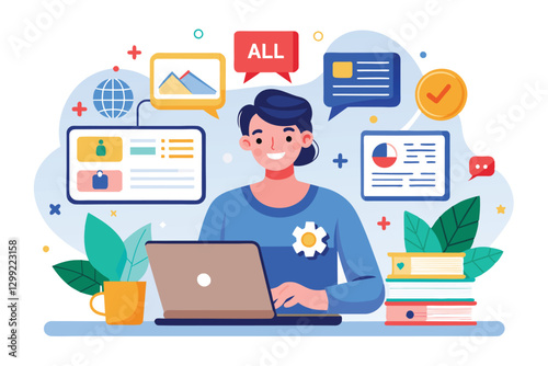 A user interacts with a customizable online translator, showing various translation features and tools, Online translator Customizable Flat Illustration