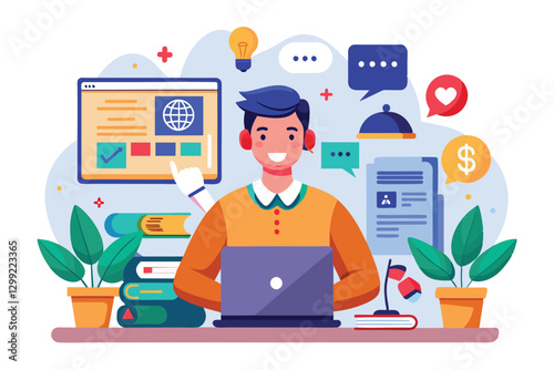 A person uses a customizable online translator while surrounded by books and digital tools in a cozy workspace, Online translator Customizable Semi Flat Illustration