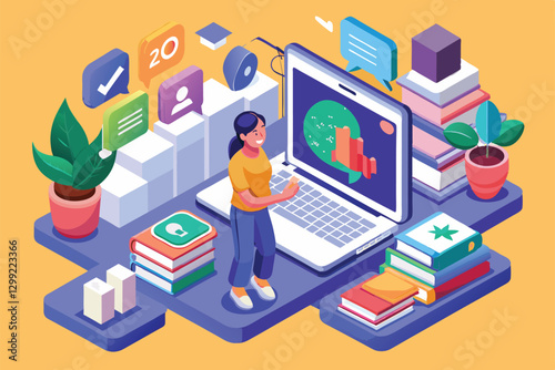 A person engages with a customizable online translator displayed on a laptop surrounded by books and icons, Online translator Customizable Isometric Illustration
