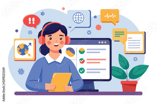 A young woman with headphones engages in online translation while surrounded by digital communication tools, Online translator Customizable Semi Flat Illustration
