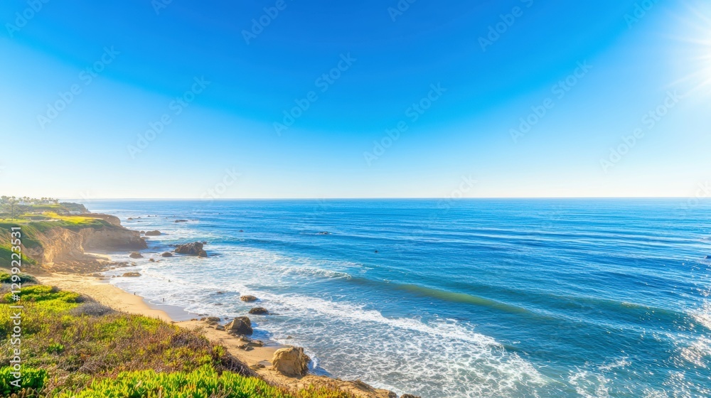 Sunlit coastline with surfers catching waves, surrounded by clear skies and calm ocean, adventurous and serene setting, Sunlit coastline with surfers catching waves, surrounded by clear skies and calm ocean, adventurous and serene setting,