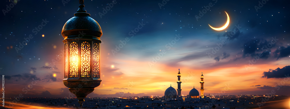 Fototapeta premium Islamic lantern, crescent moon, and mosque background 