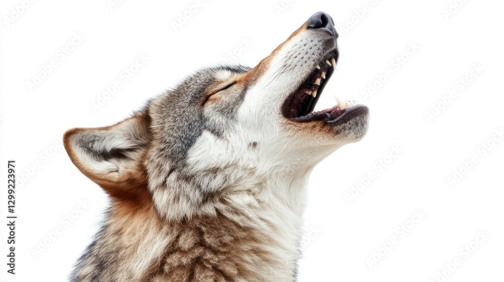A side profile of a majestic wolf howling in the wild, isolated on a white background A side profile of a majestic wolf howling in the wild, isolated on a white background
