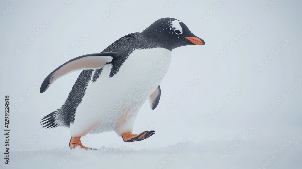 Obraz premium A side view of a penguin waddling on the ice, isolated on a smooth white backdrop