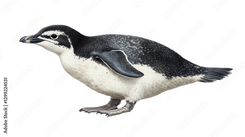 Fototapeta premium A side view of a penguin waddling on the ice, isolated on a smooth white backdrop
