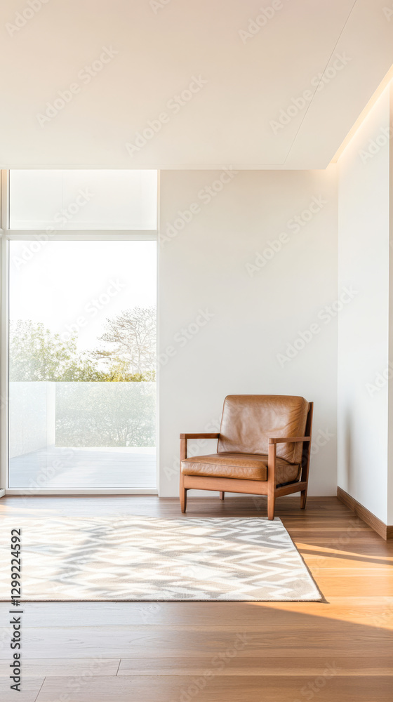 Fototapeta premium Sunlit living room showcasing modern design with a leather chair and tranquil view