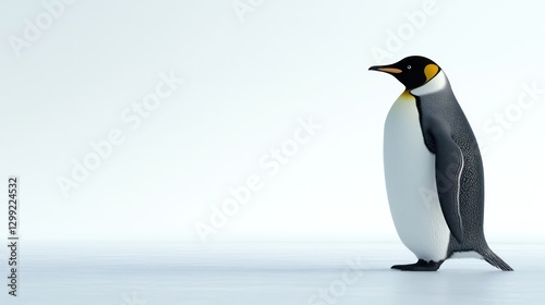 A side view of a penguin waddling on the ice, isolated on a smooth white backdrop