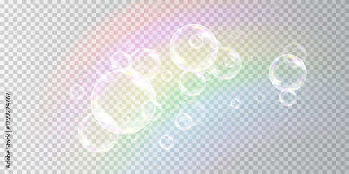 Colorful Soap Bubbles with Light Reflections on a Transparent Surface, Creating a Playful and Light Atmosphere
