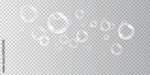 Shiny Soap Bubbles Floating in Air with Iridescent Reflections on a Transparent Background, Creating a Dreamy and Magical Effect