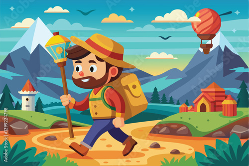 A jovial hiker walks along a winding trail, surrounded by vibrant mountains and charming villages, On the way Customizable Cartoon Illustration