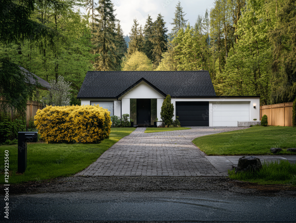 Fototapeta premium Modern house surrounded by greenery with well-maintained driveway and landscaping