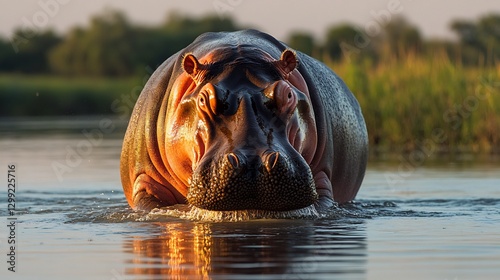 Massive Hippopotamus wading through a calm river at dusk its thick wet skin glistening under the fading sunlight ripples spreading as it submerges its head
