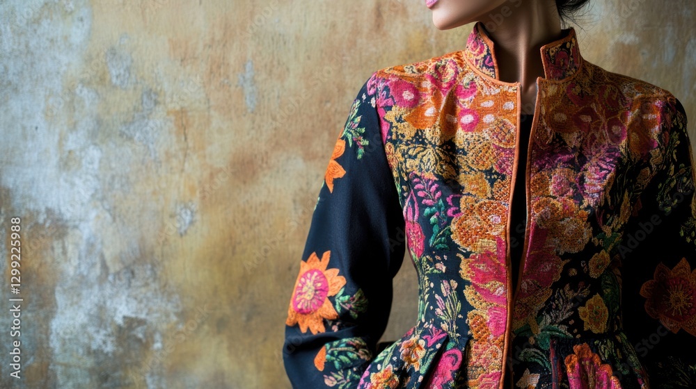 Fototapeta premium Woman in Colorful Embroidered Jacket Against Aged Wall