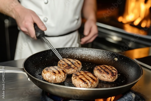 Chef grilling crab cakes in frying pan with visible grill marks, emphasizing cooking techniques. Concept features crab cakes as delightful seafood dish for gourmet cuisine photo