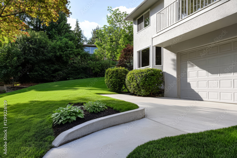 Beautiful suburban house with well-maintained lawn and driveway in bright daylight Beautiful suburban house with well-maintained lawn and driveway in bright daylight