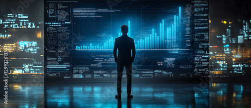 businessman looking at a growth graph, digital graph going upward, illustration style, generative ai
