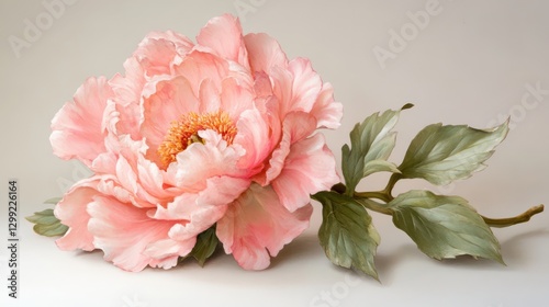 Fototapeta Naklejka Na Ścianę i Meble -  A side-angle shot of a delicate pink peony in full bloom, with its ruffled petals and fresh green leaves resting on a white surface.