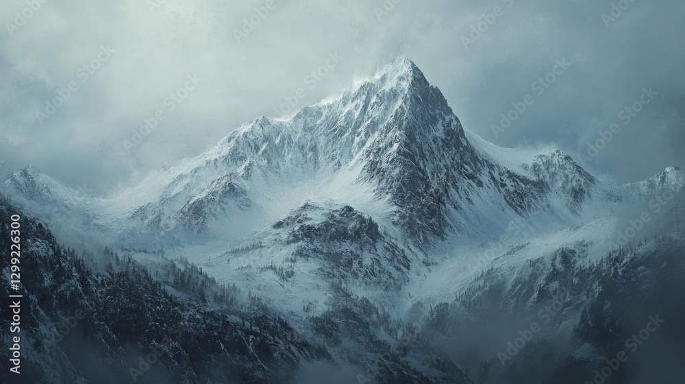 Obraz premium Majestic snow-capped mountain peak in a misty alpine landscape