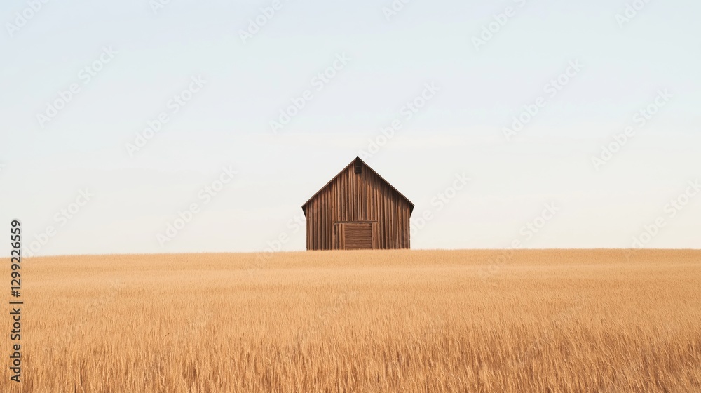 Rustic barn in golden wheat field under clear sky: serenity and simplicity in rural landscape Rustic barn in golden wheat field under clear sky: serenity and simplicity in rural landscape