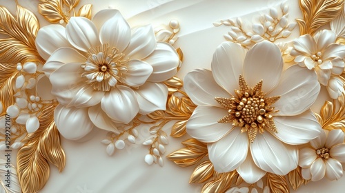 Fototapeta Naklejka Na Ścianę i Meble -  Ornate white flowers with gold accents, decorative wall art design