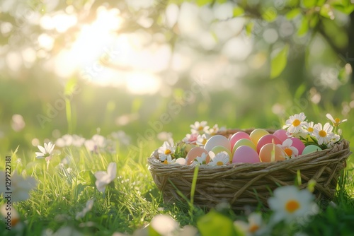 Vibrant Easter basket filled with colorful eggs and blooming flowers on green grass