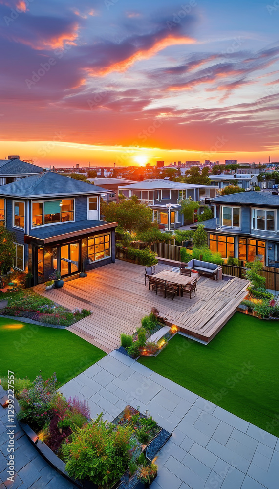 Fototapeta premium Urban neighbourhood at sunset, urban house, wide shots of home gardens, lawns, yards, decks and spaces for outdoor entertaining