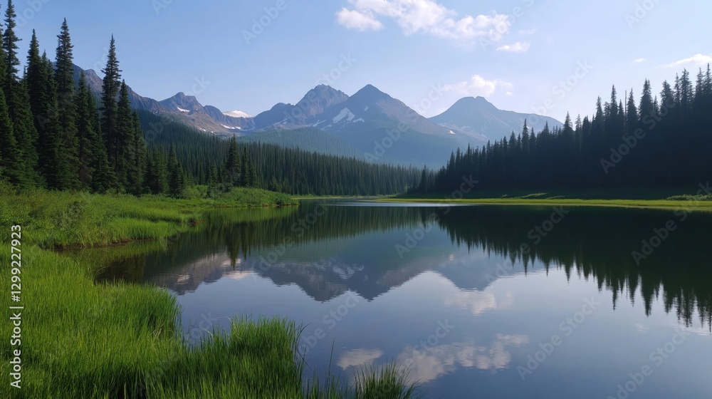 Tranquil mountain lake with evergreen forest and majestic peaks under blue sky Tranquil mountain lake with evergreen forest and majestic peaks under blue sky